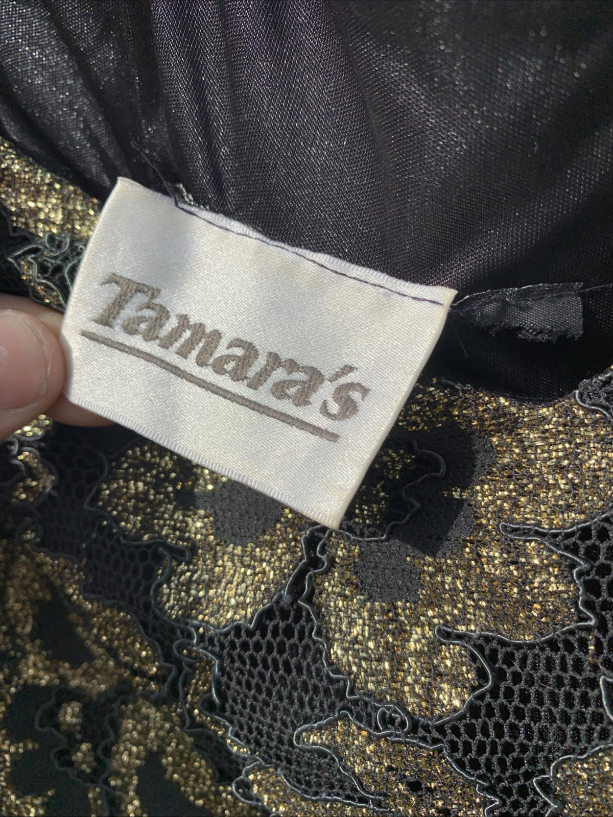 Vintage Tamara’s Midi Dress Off The Shoulder Gold & Black Lace W/ Fringe