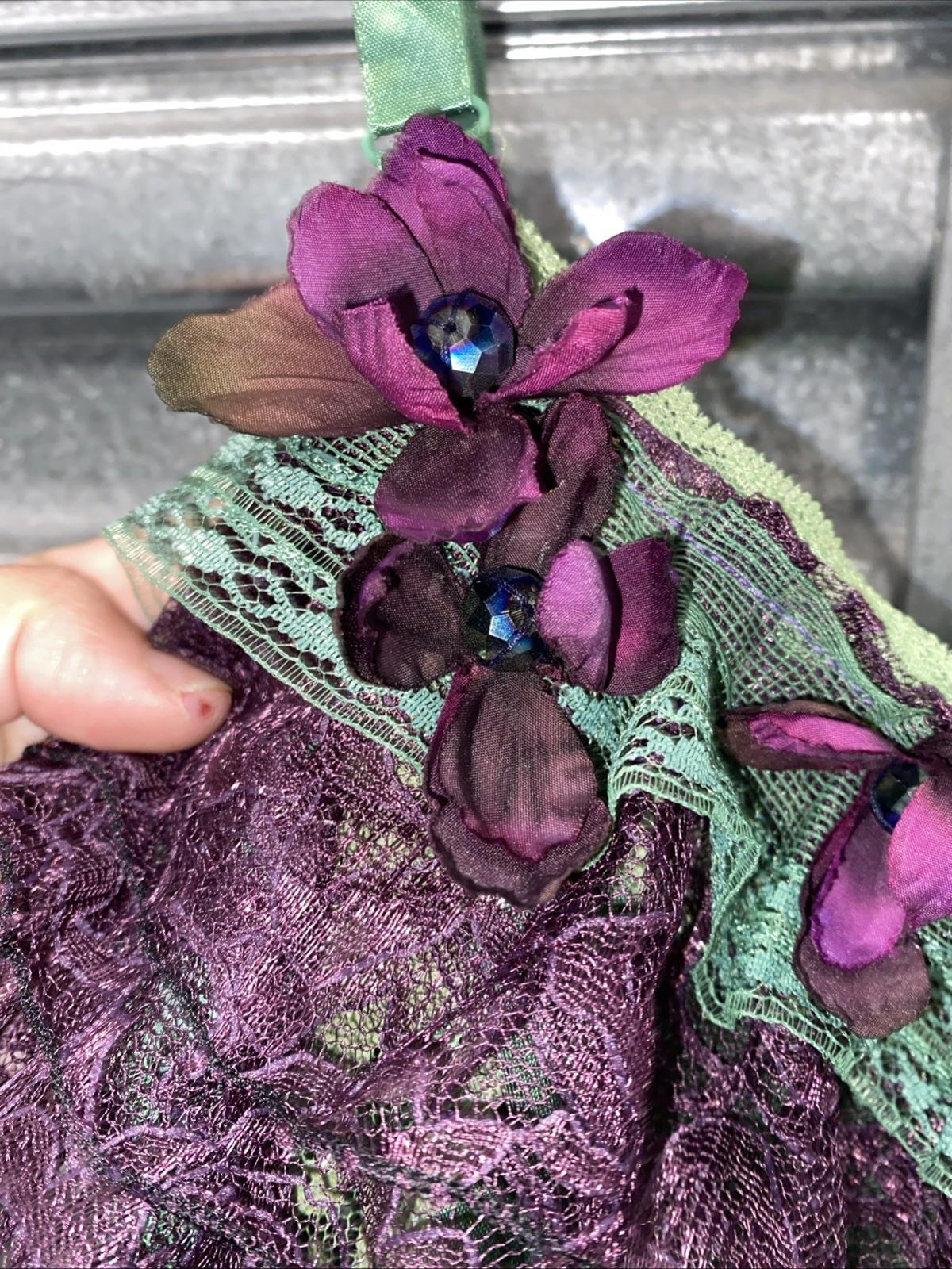 Handmade VTG Tinkerbell Flapper Style Dress W/ Beaded Purple Flower Appliqués XL