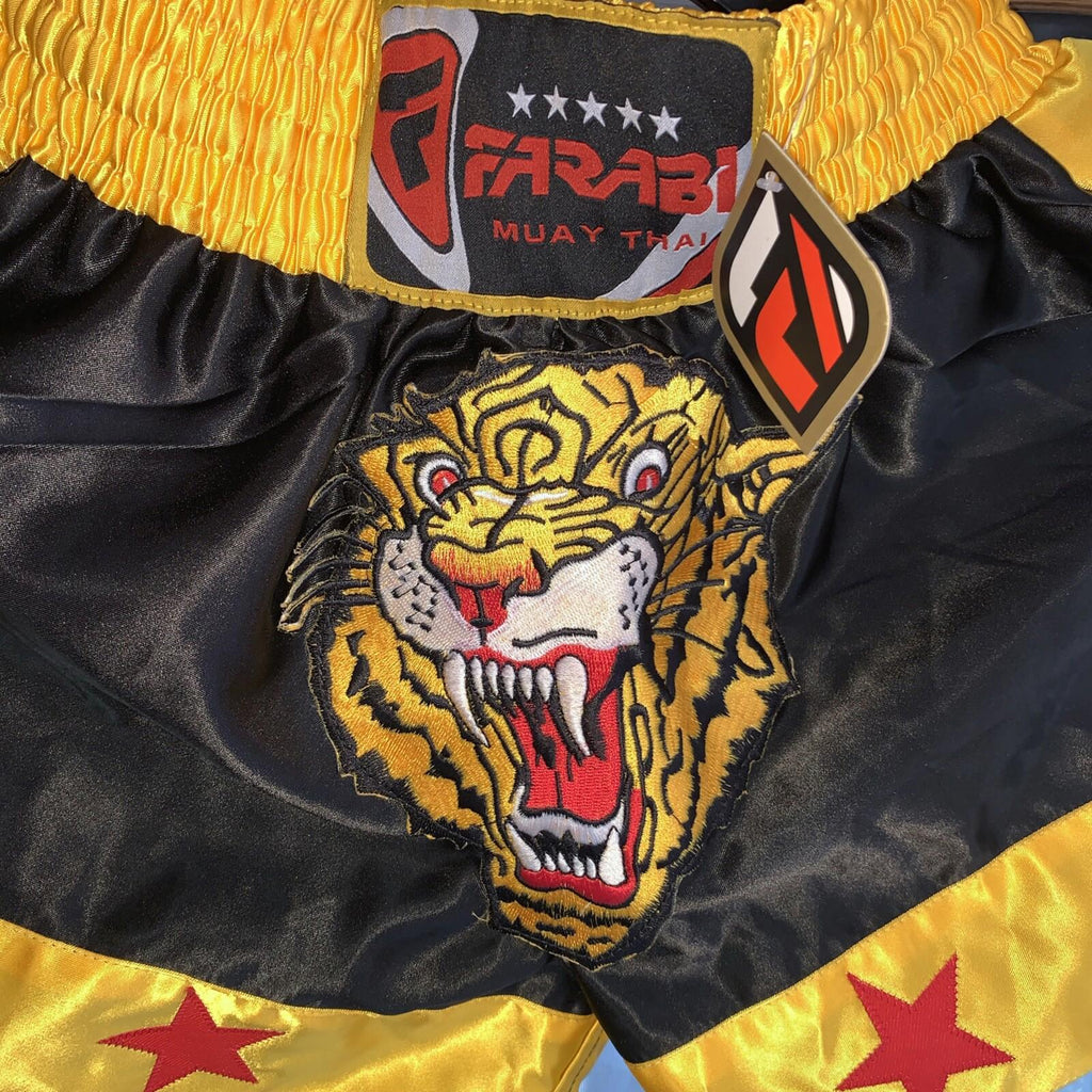 Farabi Muay Thai Kick Boxing Training Satin Black Gold Short Tiger Embroidery