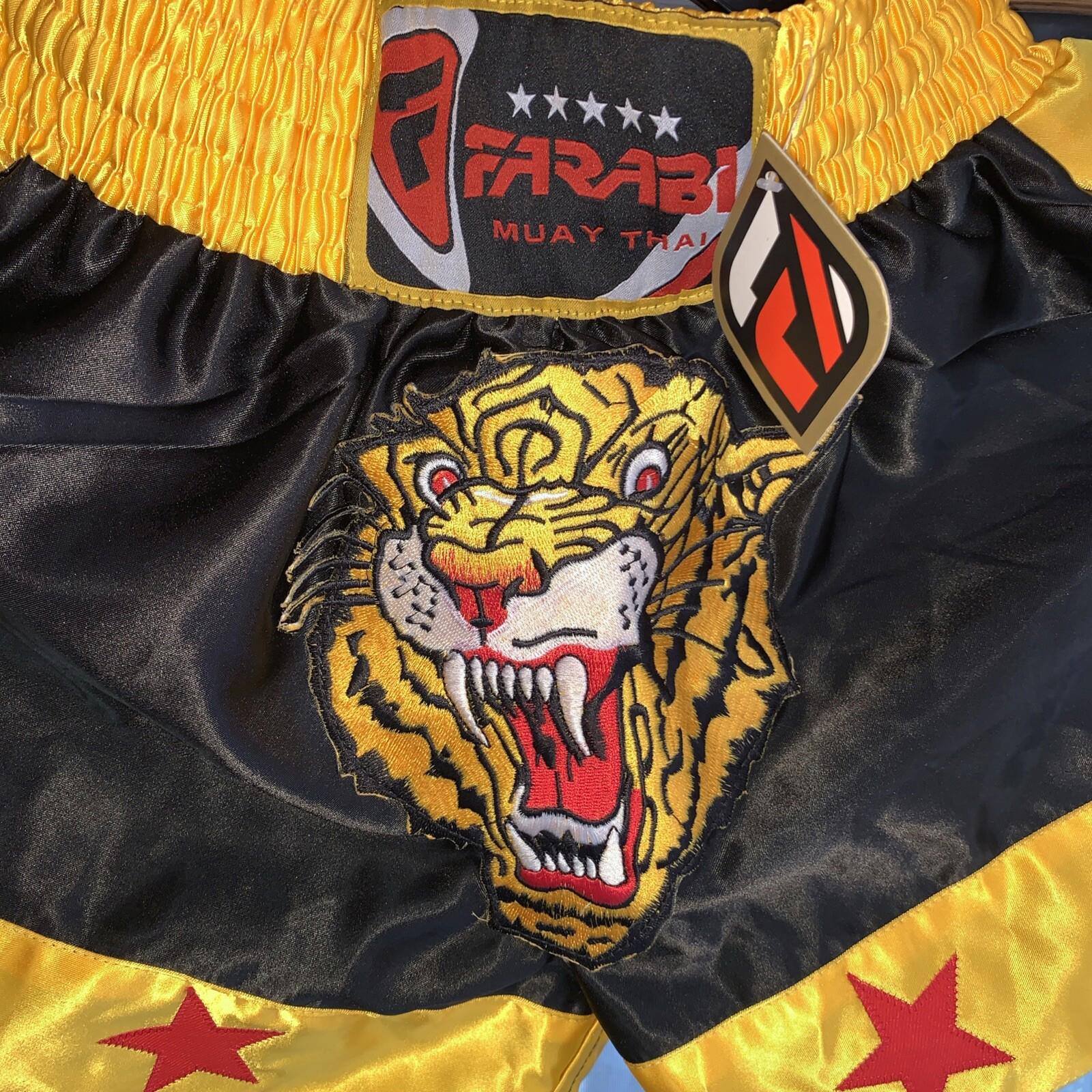 Farabi Muay Thai Kick Boxing Training Satin Black Gold Short Tiger Embroidery