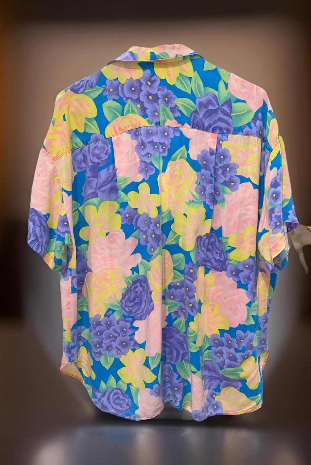 Vintage 1980s Harbour Casuals Floral Bright Pastels Hawaiian Style T shirt L