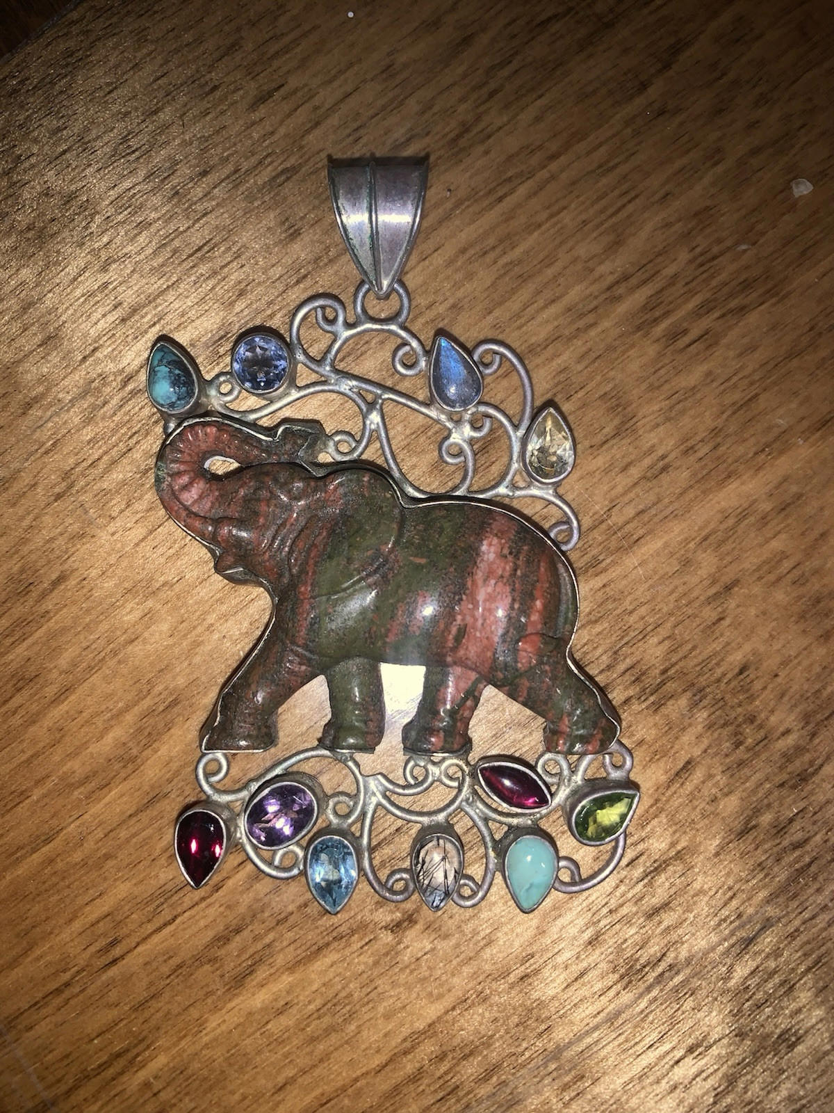 STUNNING Large Multi GENUINE Gemstones Elephant Pendant, Set In Silver