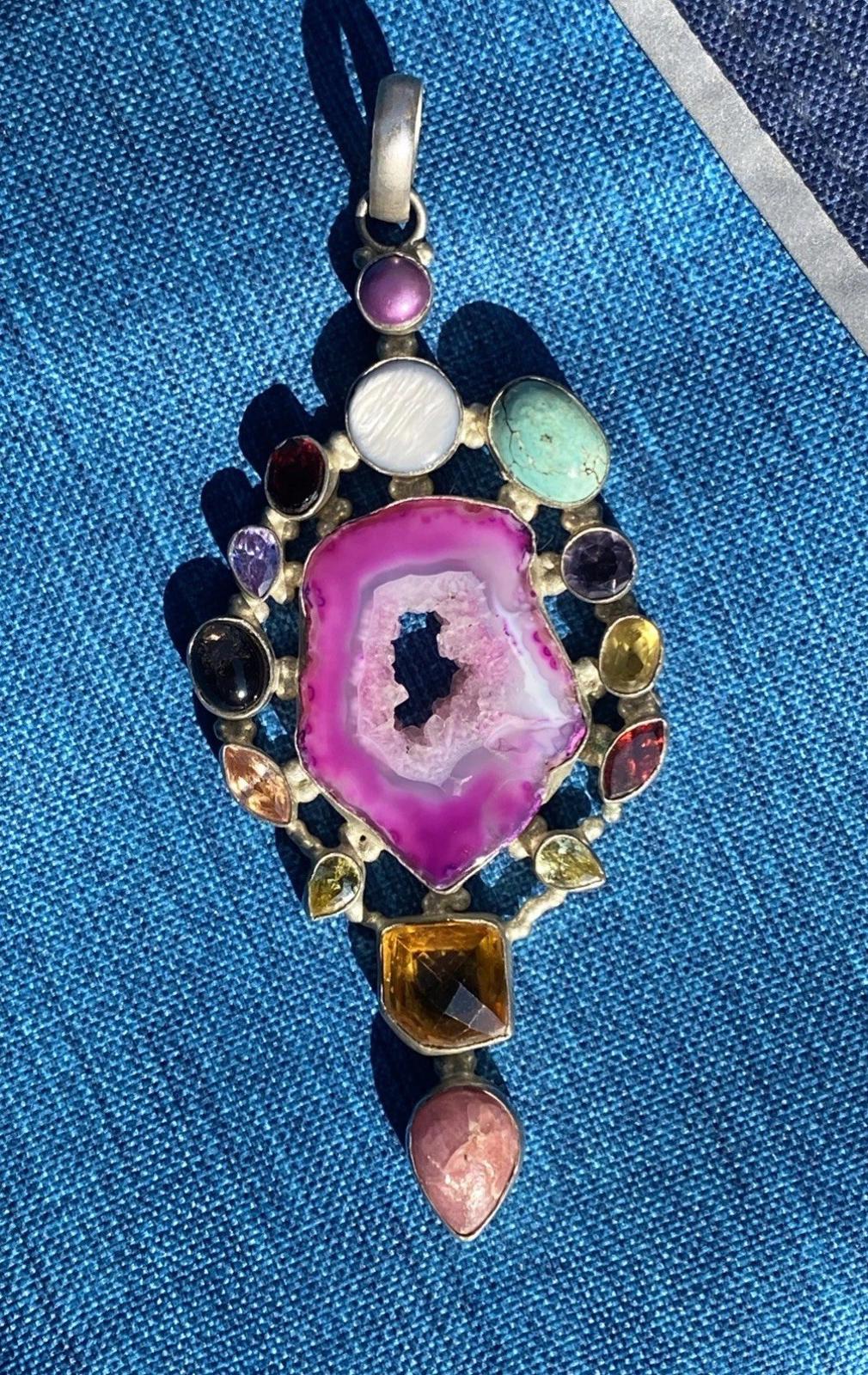 Stunning VTG Large Pink Druzy Crystal 10 Gemstone Pendant 925 Silver Stamped