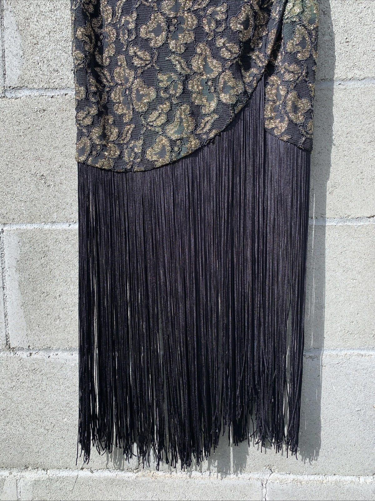 Vintage Tamara’s Midi Dress Off The Shoulder Gold & Black Lace W/ Fringe