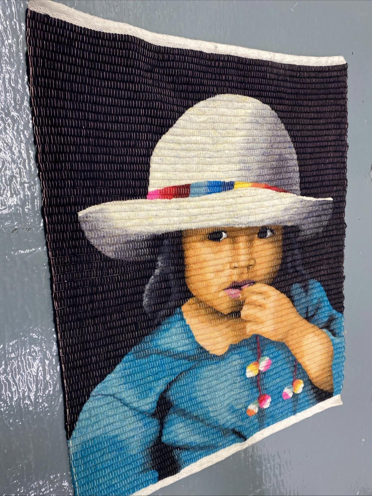Large Hand Woven South American Folk Art Tapestry Indigenous Child 29.5” X 24”