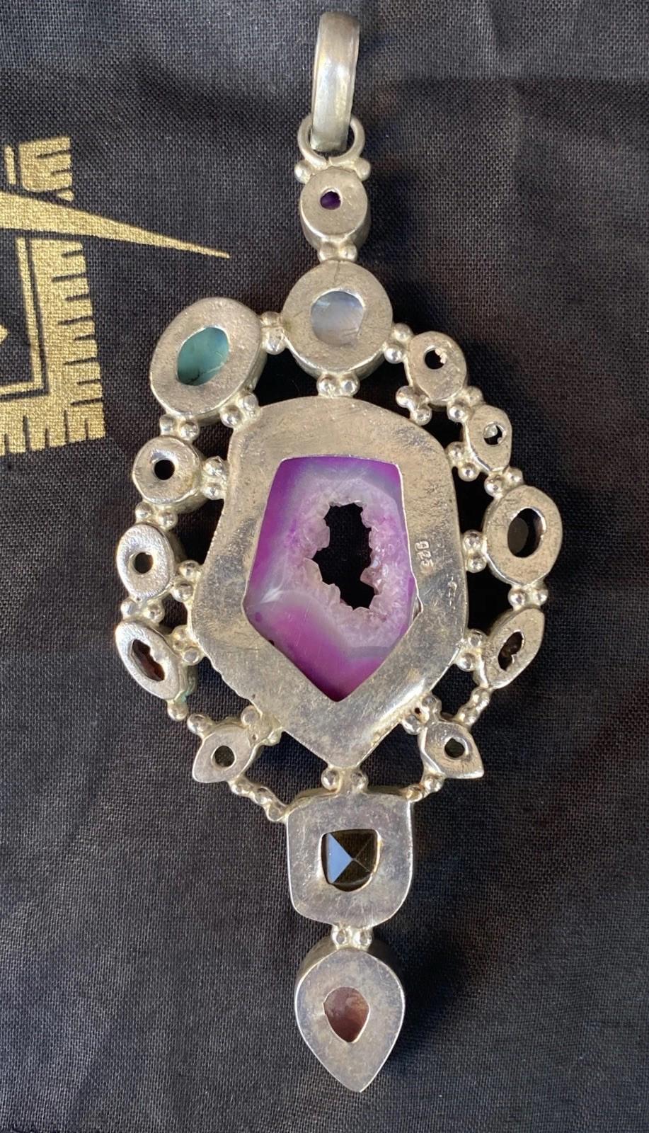 Stunning VTG Large Pink Druzy Crystal 10 Gemstone Pendant 925 Silver Stamped