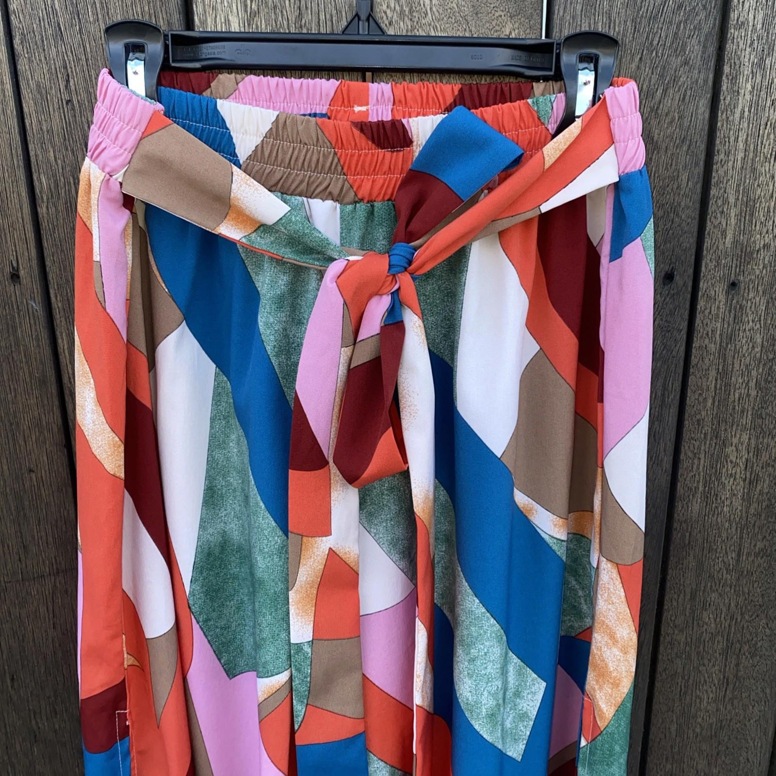 Luukse Wide Leg Elastic Waistband Belt Retro Palazzo Pants Open Slit Sides Med