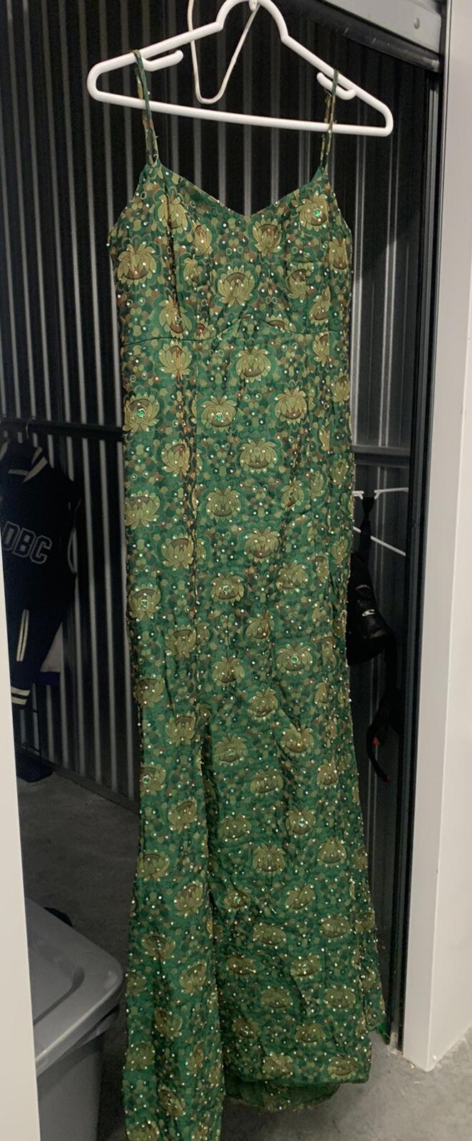 VTG 1960s Handmade Beaded Green & Gold Brocade Dress & Matching  Over Coat Set
